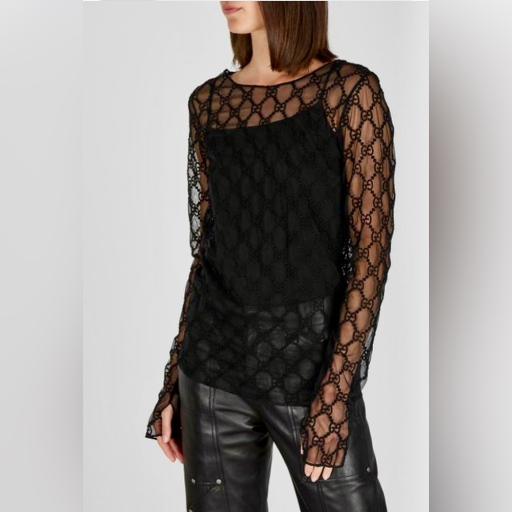 GUCCI Black GG Embroidered Tulle Sheer Top M